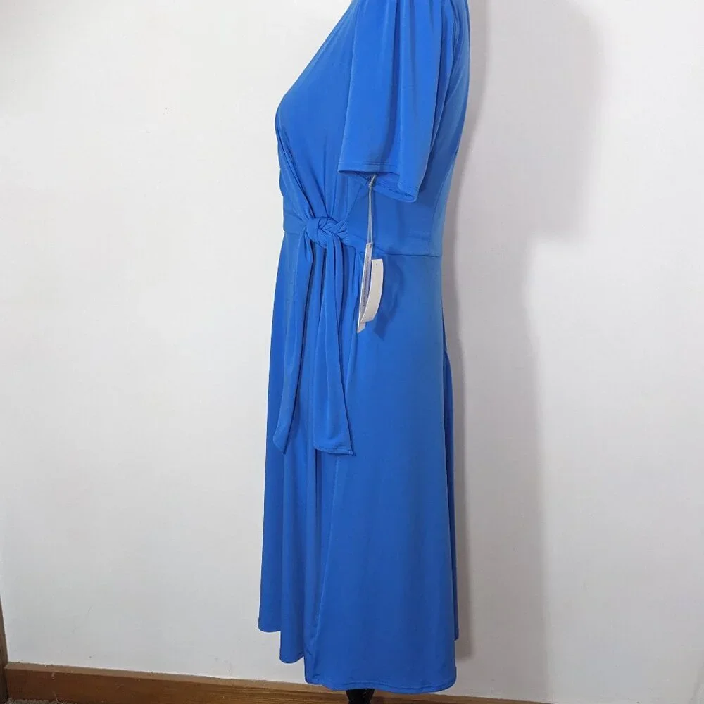 $74 NWT Liz Claiborne Blue Tie Belt Faux Wrap Dress Short Sleeve Size 6